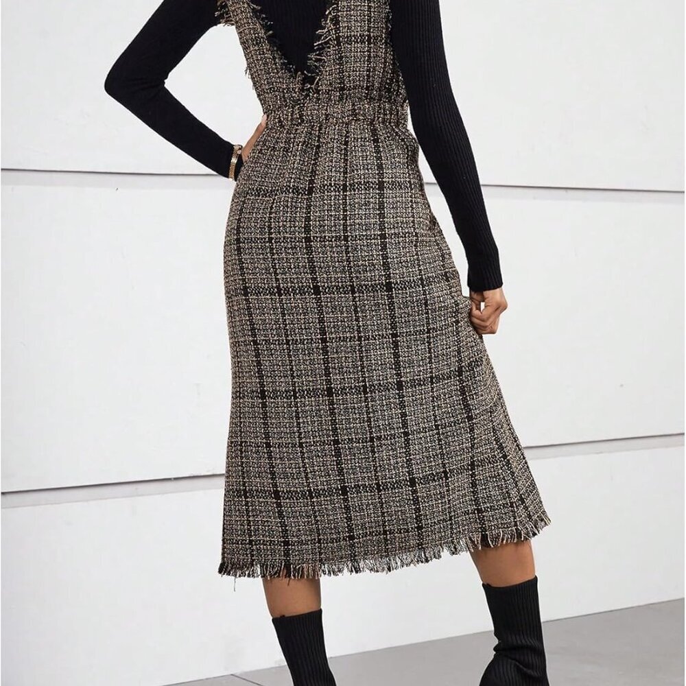 Women's Plaid Print Sleeveless V Neck Raw Trim Overall Dress Work Casual - Picture 2 of 4
